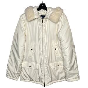 Chaps Ivory Faux Fur Trim Hooded Insulated Zipper Puff Winter Coat Size Large